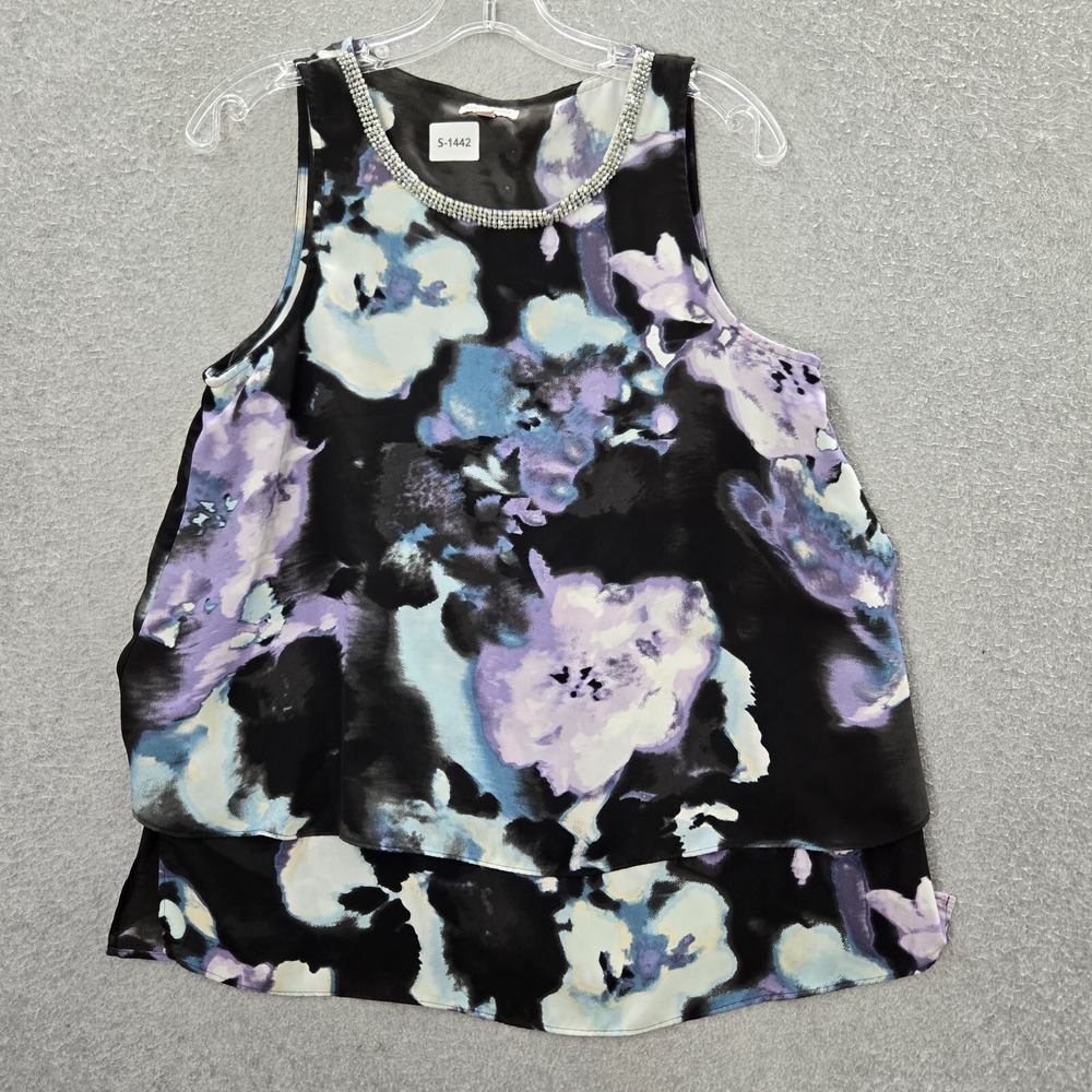 Juicy Couture Women Top M Black Floral Sleeveless Blouse Rhinestone Neck READ